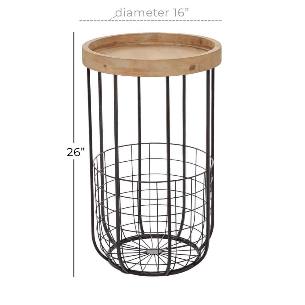Compact Industrial Black Metal & Wood Accent Table with Basket Storage
