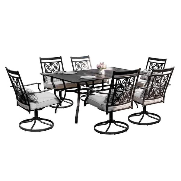 Swivel Black 7-Piece Metal Outdoor Dining Set with Beige Cushions & Umbrella Hole