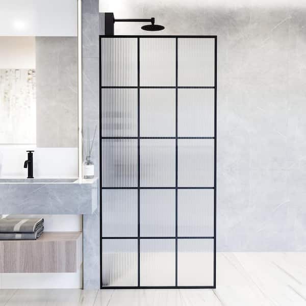 VIGO Mosaic 34 in. W x 74 in. H Framed Fixed Shower Screen Door in Matte Black with 3/8 in. (10mm) Fluted Glass