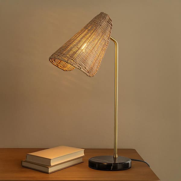 22 in. 1-Light Farmhouse Antique Brass Handwoven Rattan Table Lamp with Black Marble Base Rustic Nightstand Lamp