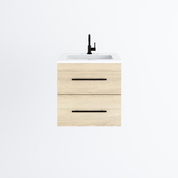 Napa 24 W x 22 D x 21-3/8 H Single Sink Bathroom Vanity Wall Mounted in White Oak with White Quartz Countertop
