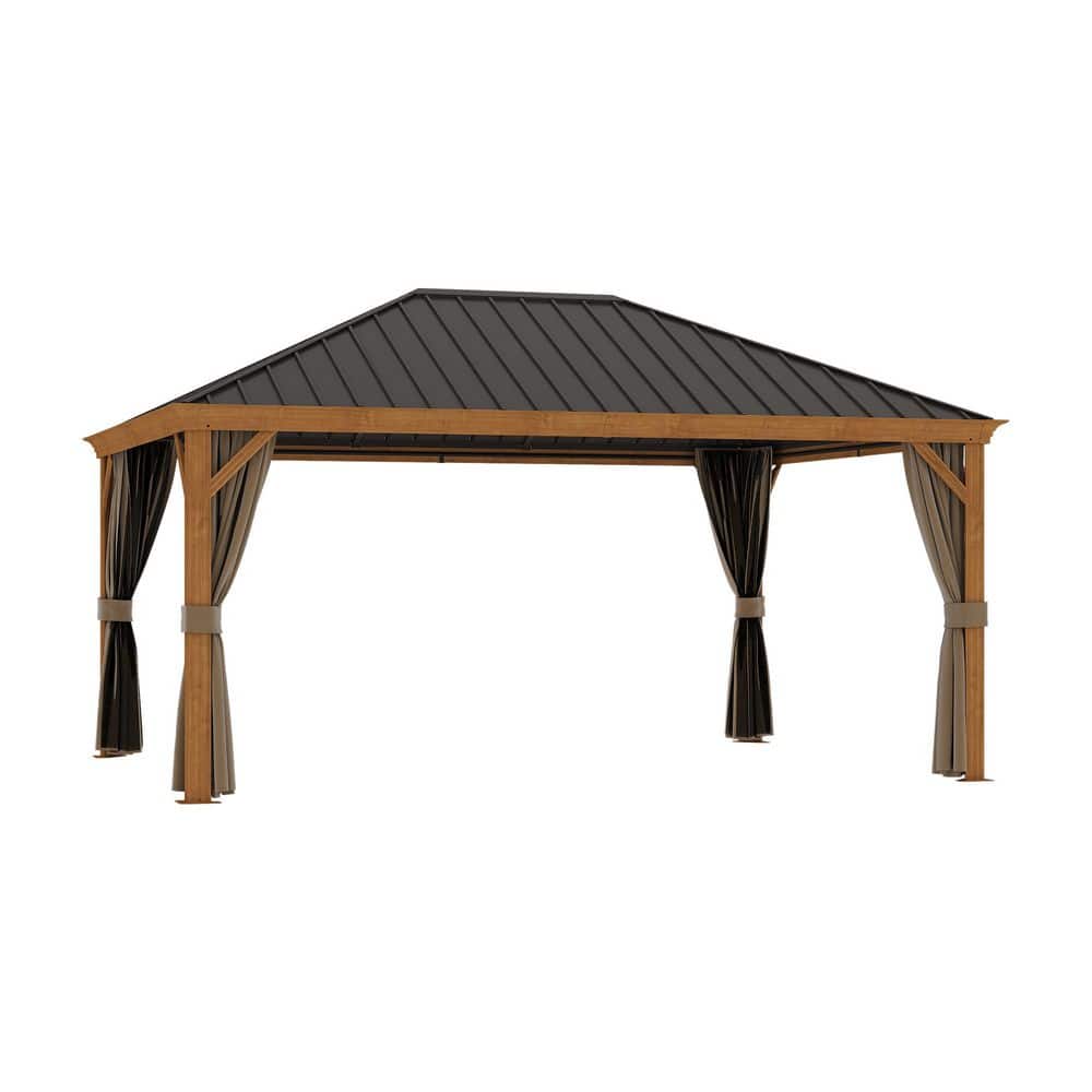 12 ft. x 16 ft. Iron Roof Hardtop Gazebo Aluminum Wood-Grain Frame Gazebo with Mesh and Curtains price history on PriceWatchPro