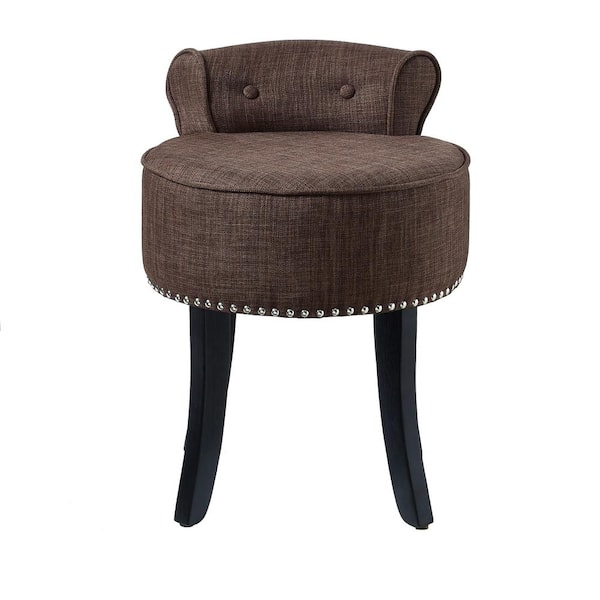 Inspired Home Margot Nailhead Trim Rolled Back Brown Linen Vanity Stool