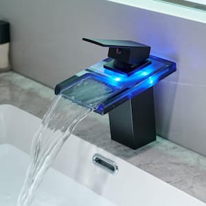 Pearl Modern One Handle Single Hole 3.5 GPM Waterfall Bathroom Faucet with LED Light and Supply Hoses in Matte Black