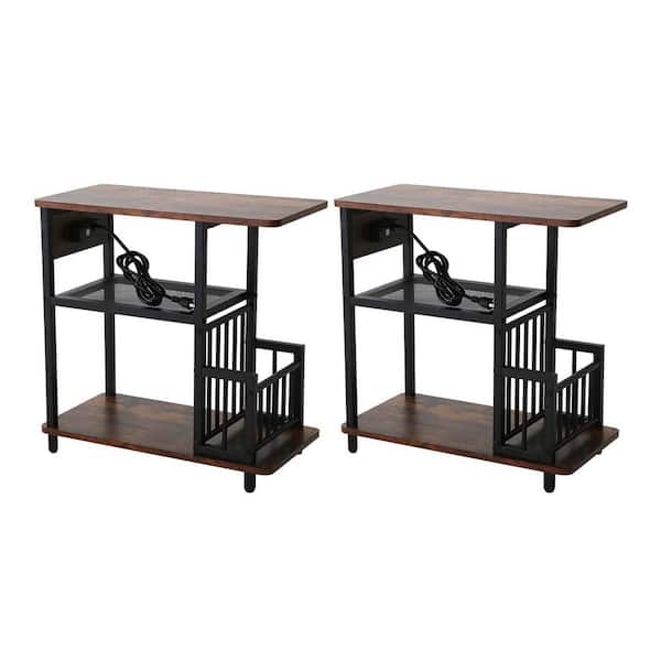 Black & Brown Metal Side Table End Table with USB Ports and Outlets (2-Packs)