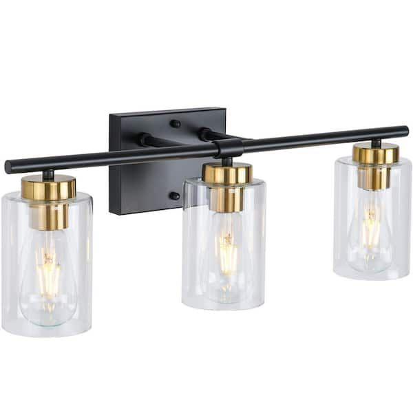 LWYTJO Hooversville 22.83 in. 3-Light Matte Black and Gold Vanity Light with Clear Glass Shade