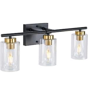 Hooversville 22.83 in. 3-Light Matte Black and Gold Vanity Light with Clear Glass Shade