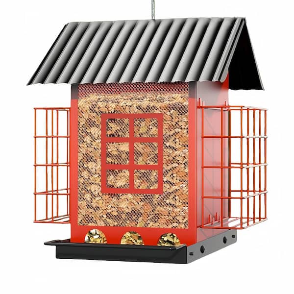 Unbranded Red Metal Large Capacity Bird Feeders with Double Suet Cage Cake for Outdoor Hanging