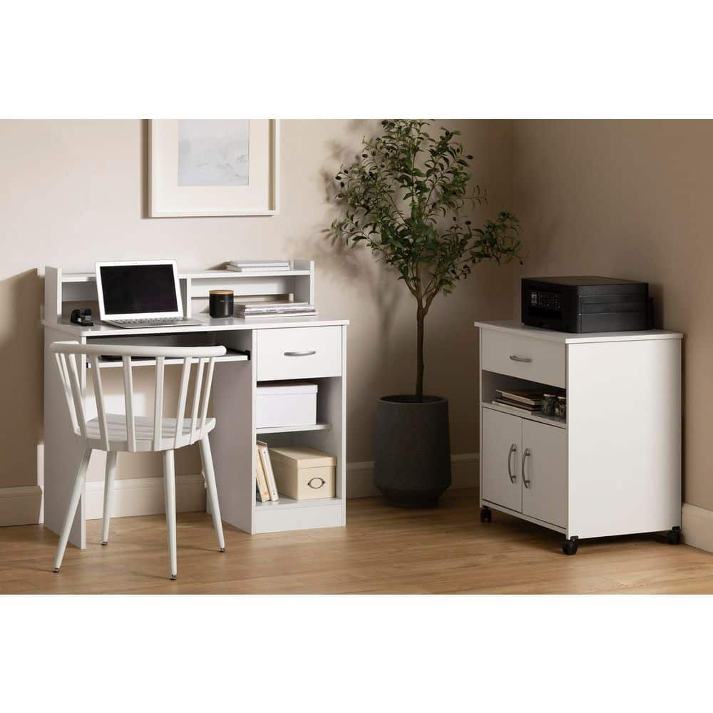 White Wood Computer Desk with Hutch and Drawer