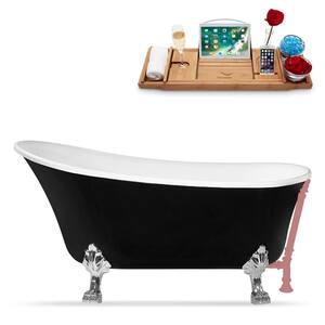 59 in. x 27.6 in. Acrylic Clawfoot Soaking Bathtub in Glossy Black, Polished Chrome Clawfeet, Matte Pink Drain