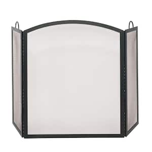 Black 56 in. W 3-Panel Steel Frame Arch Top Fireplace Screen with Integrated Handles