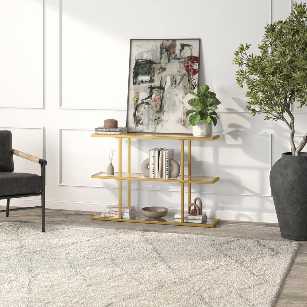 Cantilevered Brass & Tempered Glass Console Table with Triple Shelves