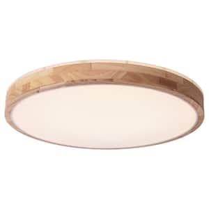 Lumin 11.8 in. 1-Light Wood and White Finish Smart LED Flush Mount with Remote Control and Oak Round Shaded