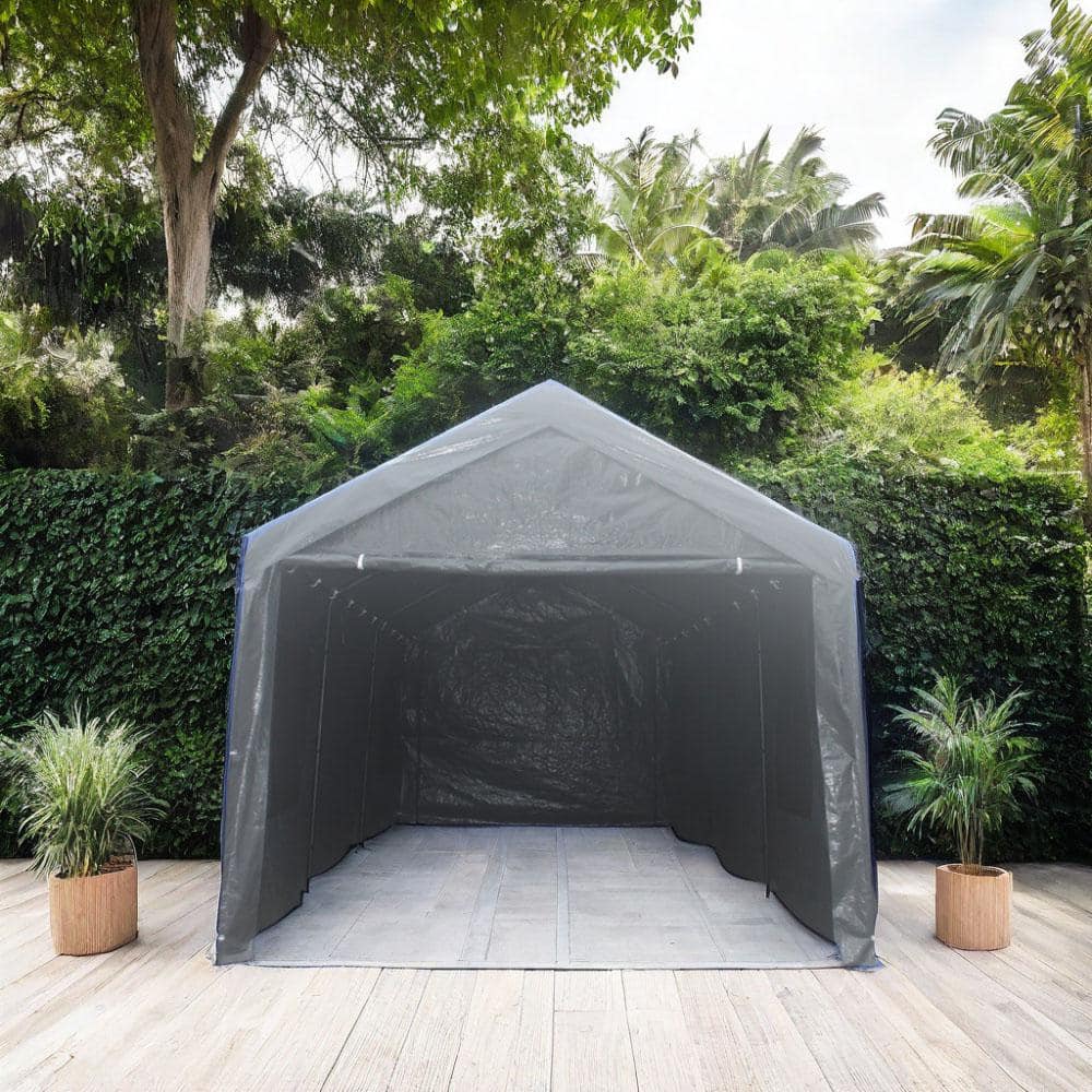 Gray 12' x 20' Portable Carport with Windows and Metal Frame