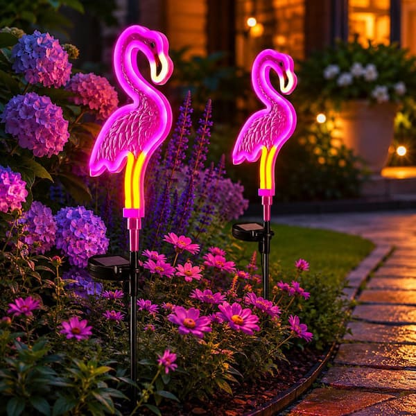 41 in. Pink Plastic Flamingo Solar Garden Torch Lights, Outdoor Yard Decor Stake Lights (2-Pack)