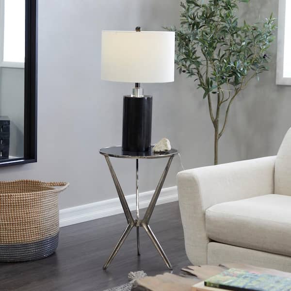 Litton Lane 16 in. Silver Hourglass Shaped Stand Large Round Glass End Accent Table with Clear Glass Top