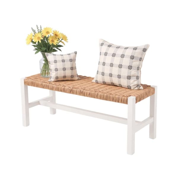 Alaterre Furniture Newport 40 in. Wood Entryway or Dining Bench 14 in. with Handcrafted Woven Rope Seat, White