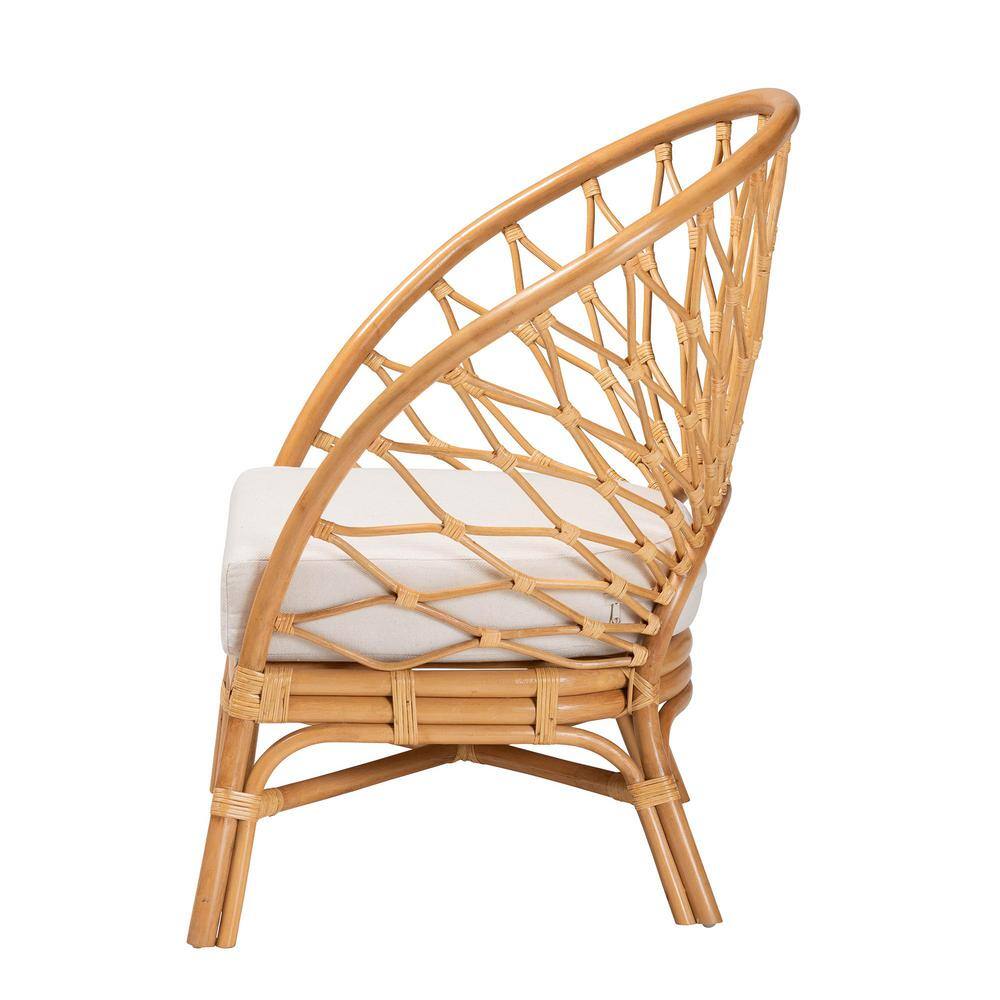 Emmeline Handcrafted Natural Rattan Bohemian Accent Chair with White Cushion