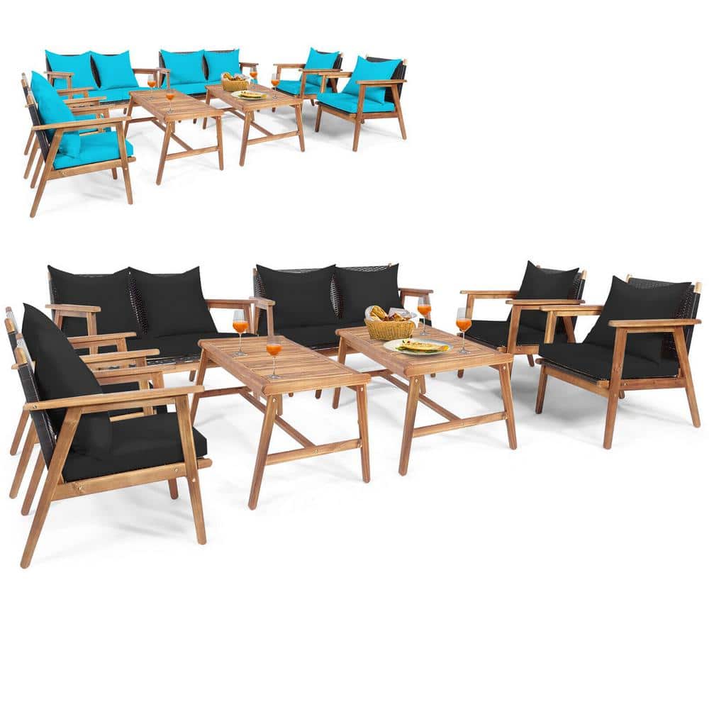 8-Pieces Patio Conversation Set Wood Frame Furniture Set with Turquoise and Black Cushions price history on PriceWatchPro