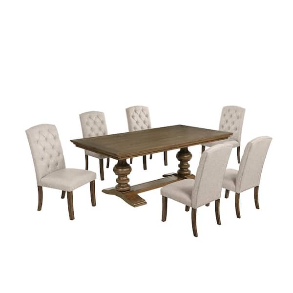 Best Quality Furniture Salama 7-Piece Rectangle Brown Oak Color Wood Top Dining Set With 6 Beige Linen Fabric Side Chairs
