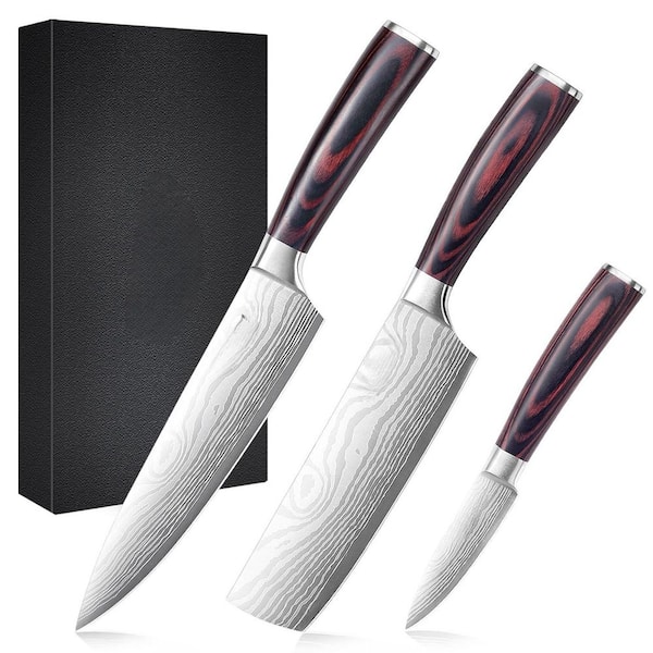 3-Piece High Carbon Stainless Steel Professional Chef Knife Set with Ultra Sharp Blade and Wooden Handle, Plain