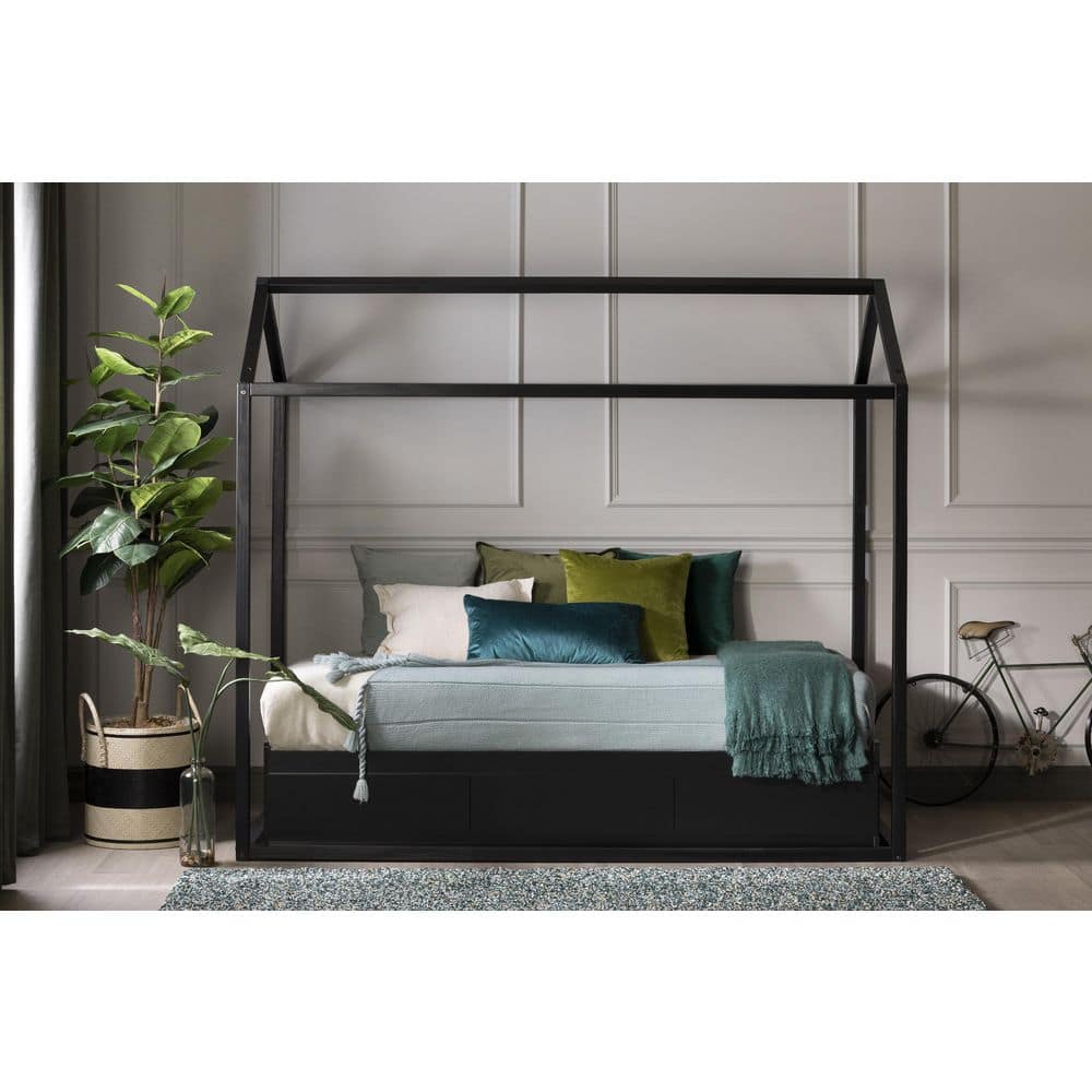 Matte Black Twin Wood Frame House Bed