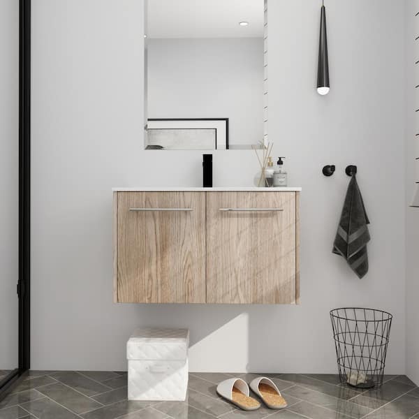 FAMYYT 30 in. W x 18.1 in. D x 18.3 in. H Single Sink Wall Mount Bath Vanity in White Oak with White Ceramic Top