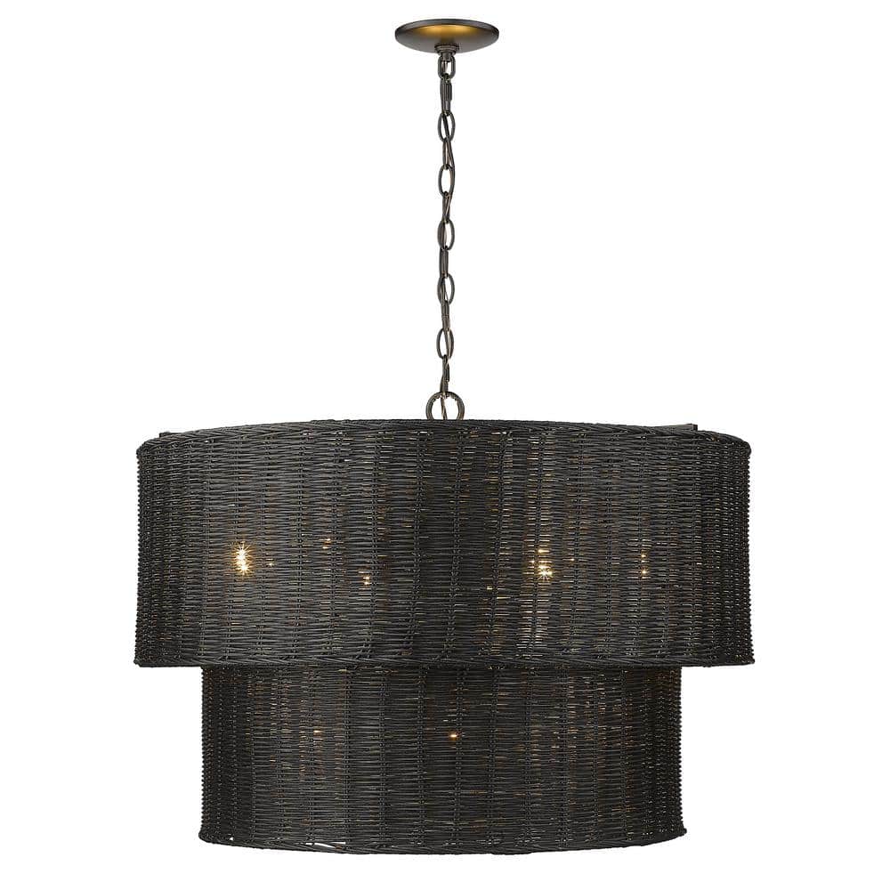 Erma Bohemian-Chic Black Wicker and Steel 9-Light Chandelier
