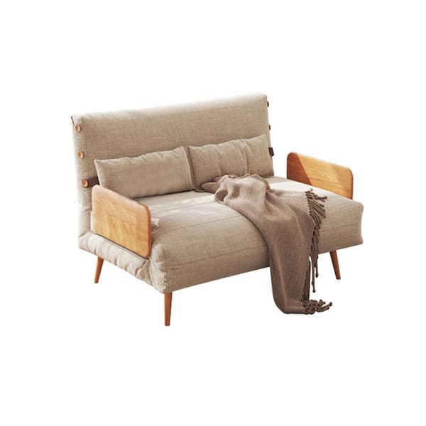 JASIWAY 43.3 in. Beige Cotton Linen 2-Seater Twin Size Sofa Bed with Wood Armrests