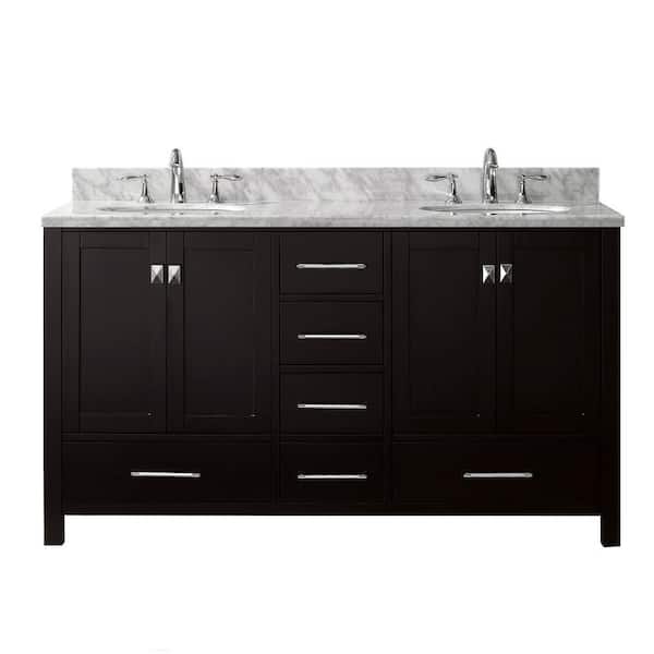 Virtu USA Caroline Avenue 60 in. W Bath Vanity in Espresso with Marble Vanity Top in White with Round Basin