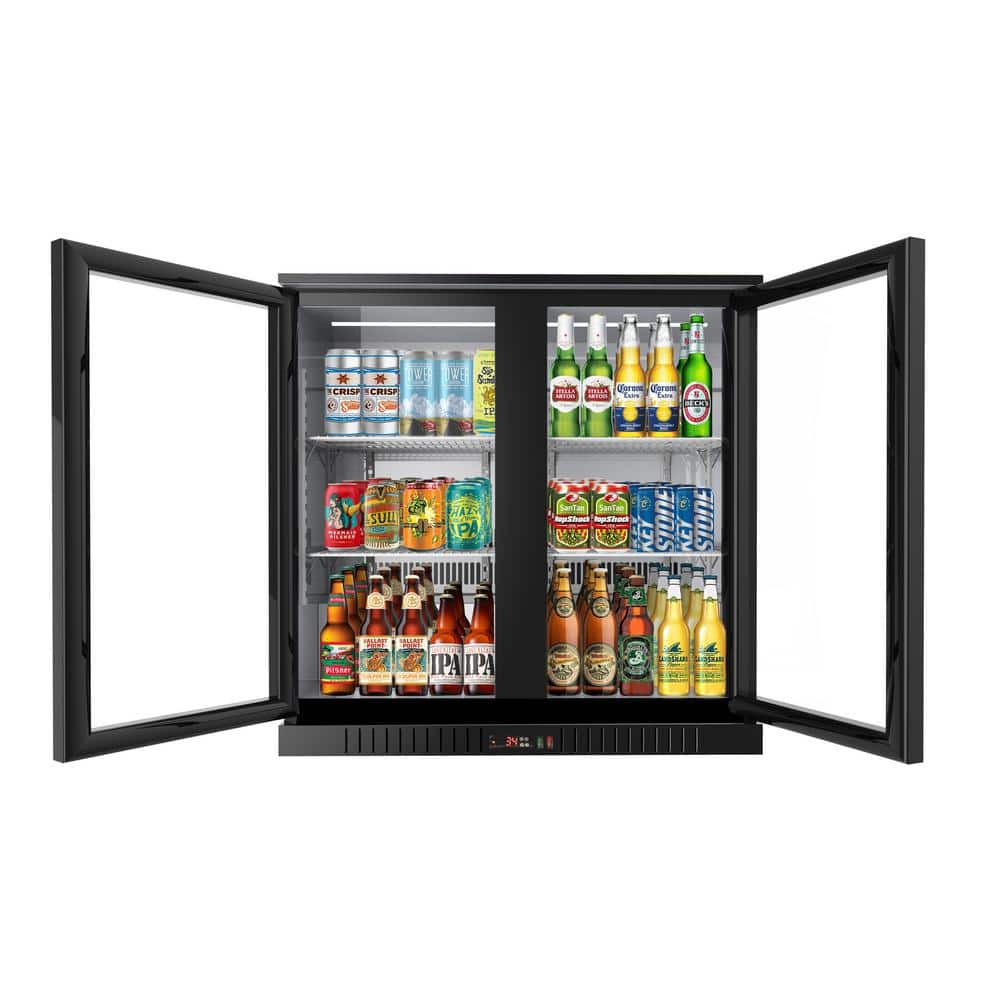 Black Glass Two-Door LED-Lit Back Bar Refrigerator