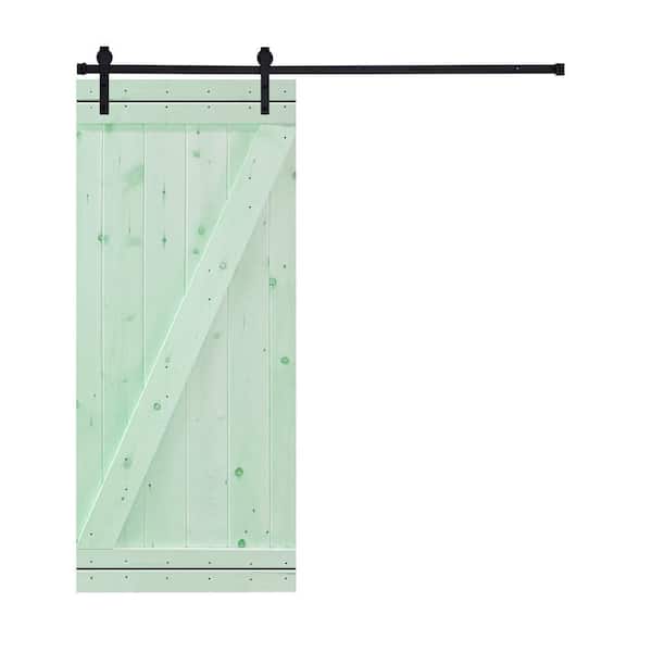 AIOPOP HOME Z-Bar Series 38 in. x 84 in. Mint Green Stained Knotty Pine Wood DIY Sliding Barn Door with Hardware Kit