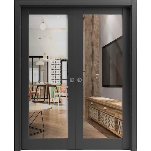 Sartodoors 64 in. x 96 in. 2 Panel Black Matte Finished Solid Wood Sliding Door with Hardware