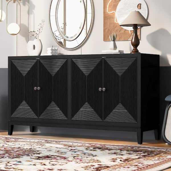 Harper & Bright Designs Black MDF 59.8 in. W Sideboard, Storage Cabinet with Adjustable Shelves, Line Design