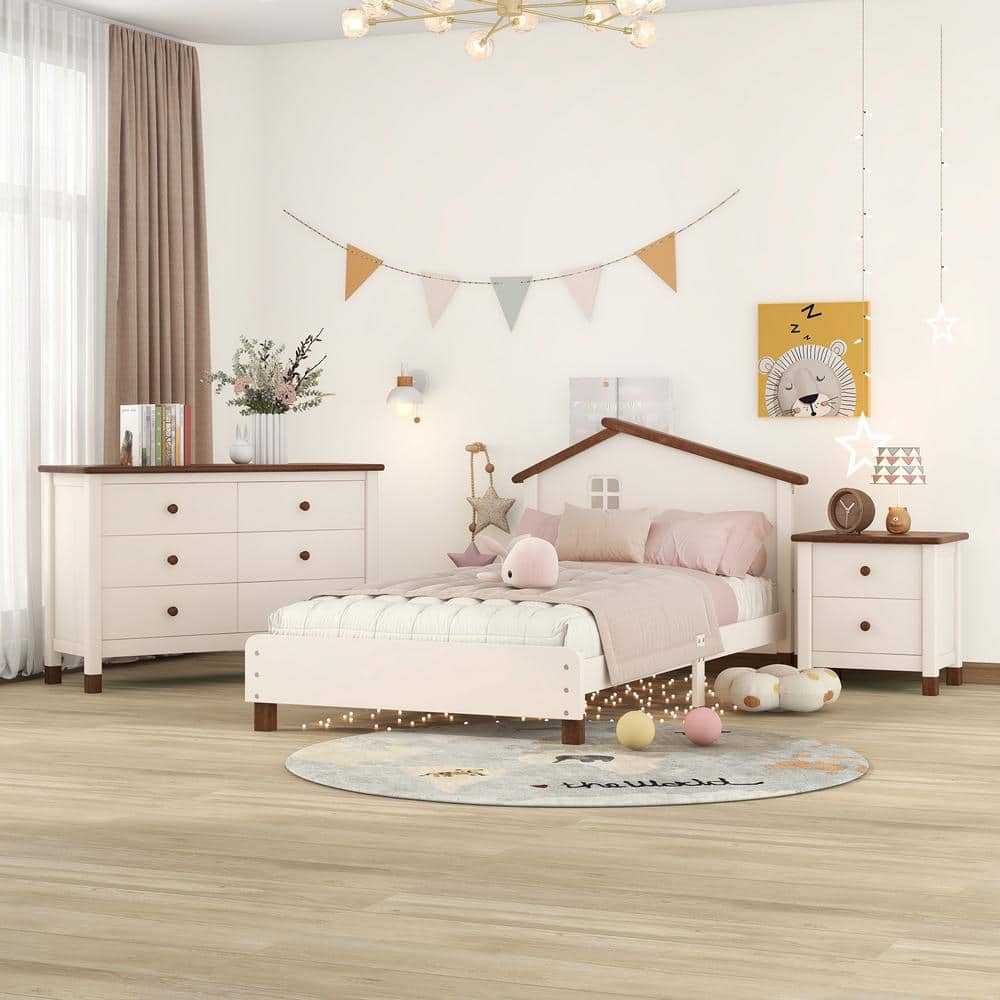 3-Piece Walnut Wood Bedroom Set Twin Size Platform Bed with Modern Nightsta