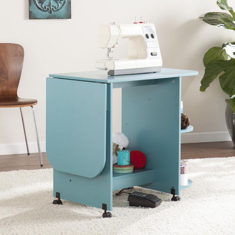 Turquoise Mobile Folding Sewing and Craft Table with Shelves