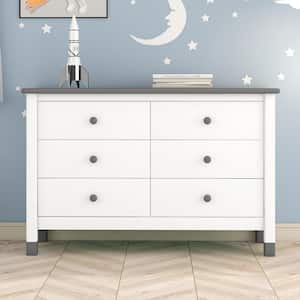 Modern Wood 6-Drawers White/Grey Dresser Storage Cabinet for Kids 47 in. W x 17 in. D x 30 in. H