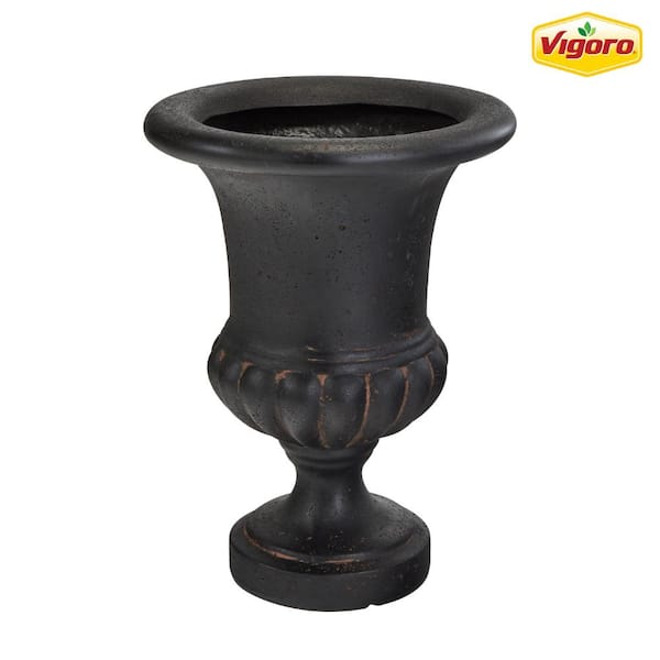 Vigoro 15.5 in. Orland Large Aged Charcoal Stone Fiberglass Urn Planter (15.5 in. D x 21 in. H)