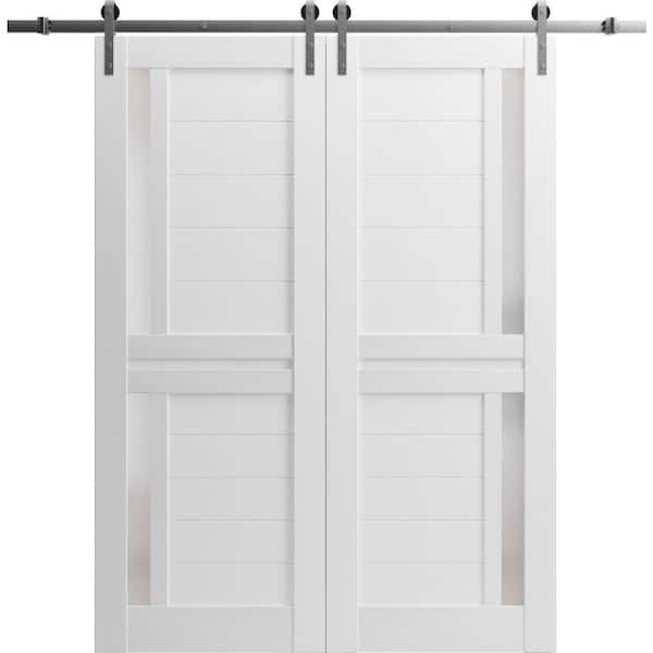 32 in. x 84 in. 2 Panel Frosted Glass White Solid Wood Sliding Barn Door with Hardware Kit
