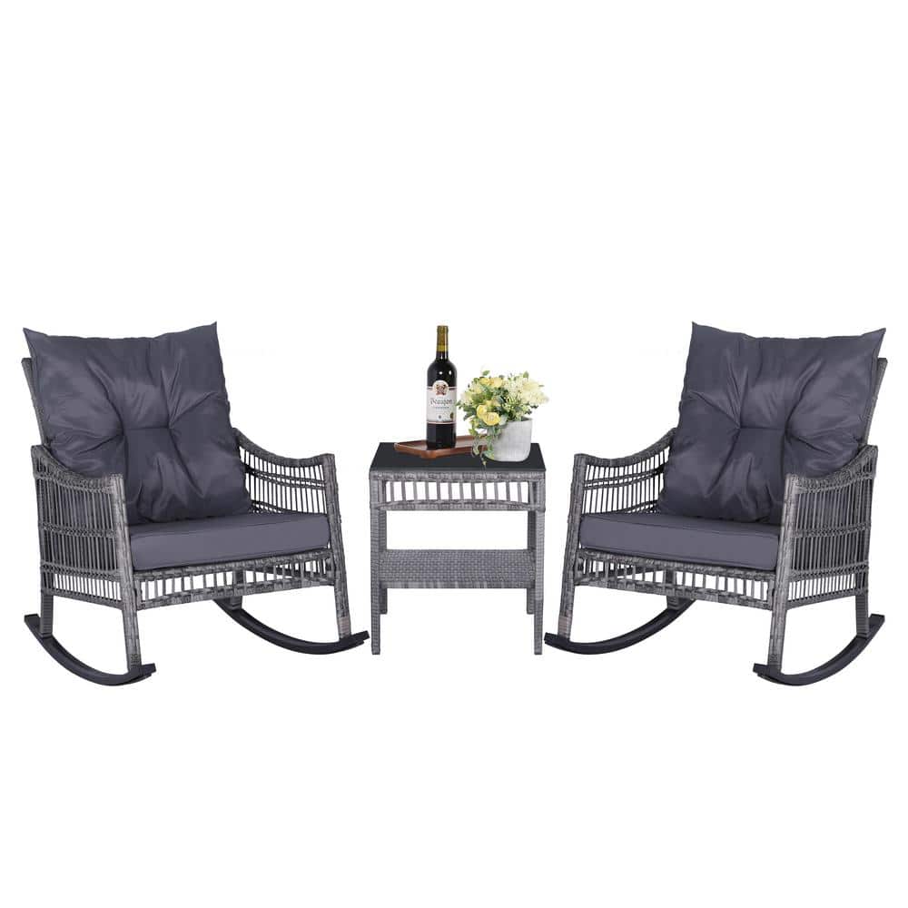 VEIKOUS 3-Pcs Patio Wicker Outdoor Bistro Set with Gray Cushions and Pillows PG0206-02GY-C - The Home Depot