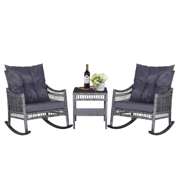 VEIKOUS 3-Pcs Patio Wicker Outdoor Bistro Set with Gray Cushions and Pillows