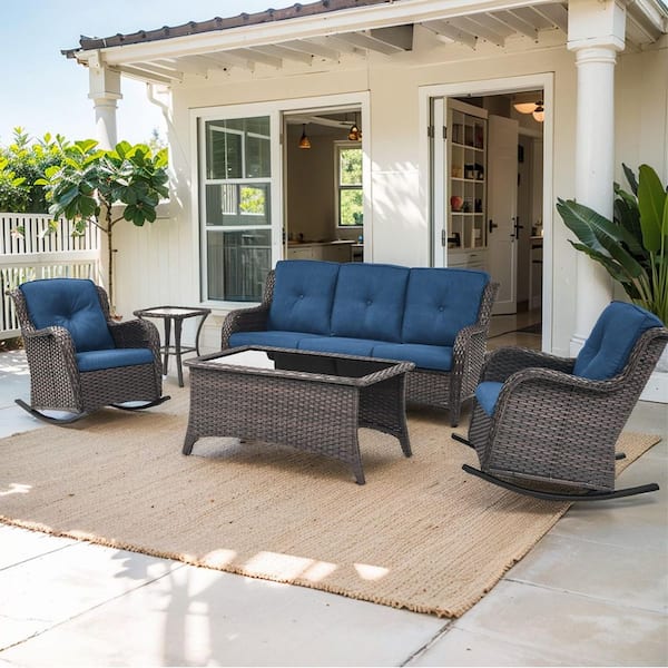 Bellefurn WellCane Brown 5-Piece Wicker Patio Conversation Set with Blue Cushion, Outdoor Furniture set with Rocking Chairs