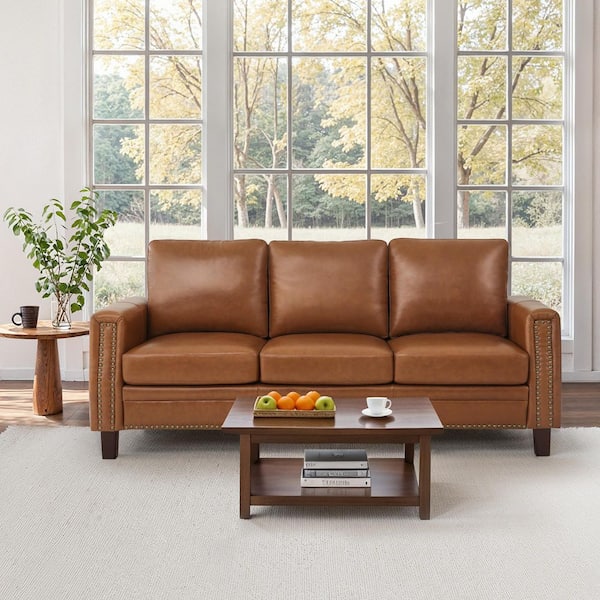 84 in. Genuine Leather Couch Square Arms 3-Seat Sofa in Cognac Color with Sturdy Wood Legs and Nailhead Trim