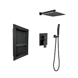 1-Spray Patterns 12 in. Wall Mount Square Rainfall Dual Shower Heads in Matte Black with Shower Niche and Handheld