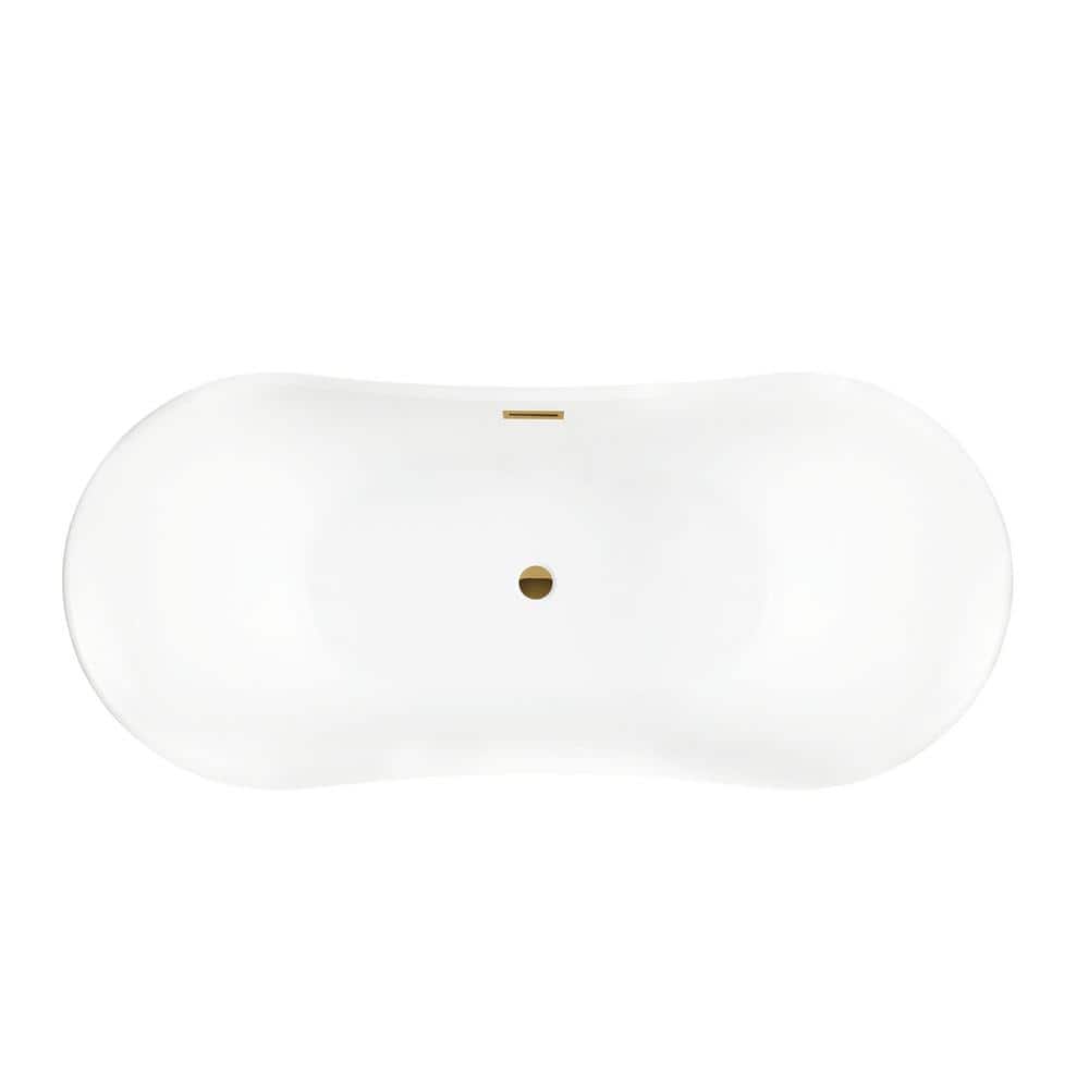 67" White Acrylic Freestanding Soaking Bathtub with Gold Trim