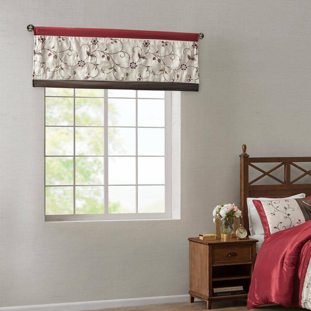 Red and Ivory Floral Embroidered Rod Pocket Valance