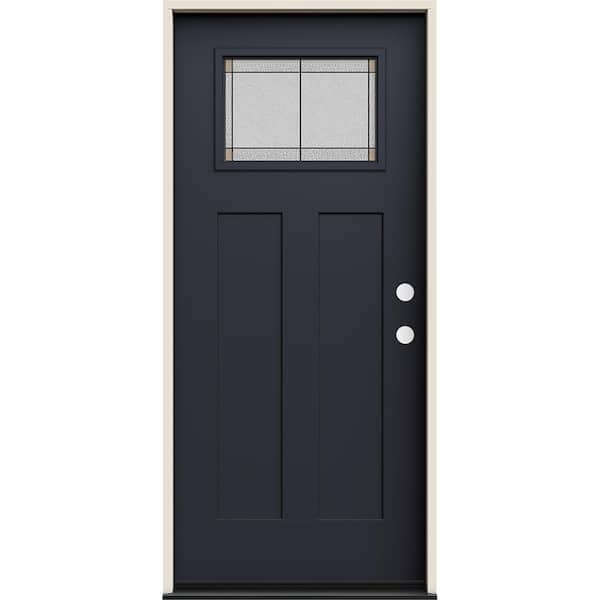 JELD-WEN 36 in. x 80 in. Left-Hand 1/4 Lite Craftsman Ballantyne Decorative Glass Black Fiberglass Prehung Front Door