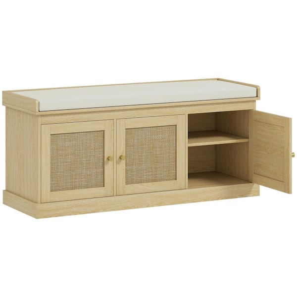 Shoe Bench with Woven Rattan Doors, Shoe Storage Bench with Cushion, Adjustable Shelves for 9 Pairs