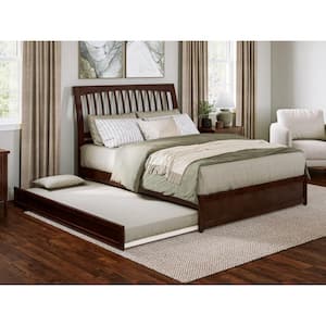 Roslyn Walnut Brown Solid Wood Frame Queen Platform Bed with Panel Footboard and Twin XL Trundle