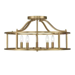 Stockton Large 24 in. W x 12 in. H 5-Light Warm Brass Semi-Flush Mount with Open Drum Shaped Metal Frame